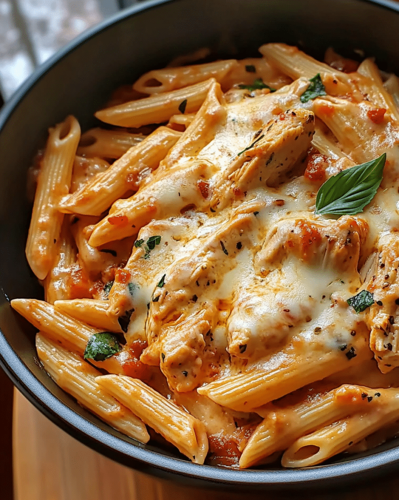 Despre mine 2 A bowl of Chicken Mozzarella Pasta, garnished with fresh basil and Parmesan.