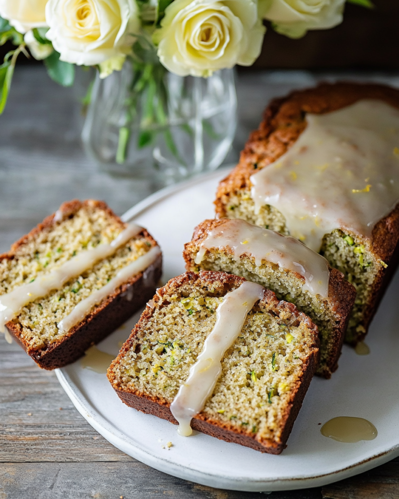 Despre mine 5 The whole glazed Lemon Zucchini Bread loaf on a cutting board or platter, partially sliced.