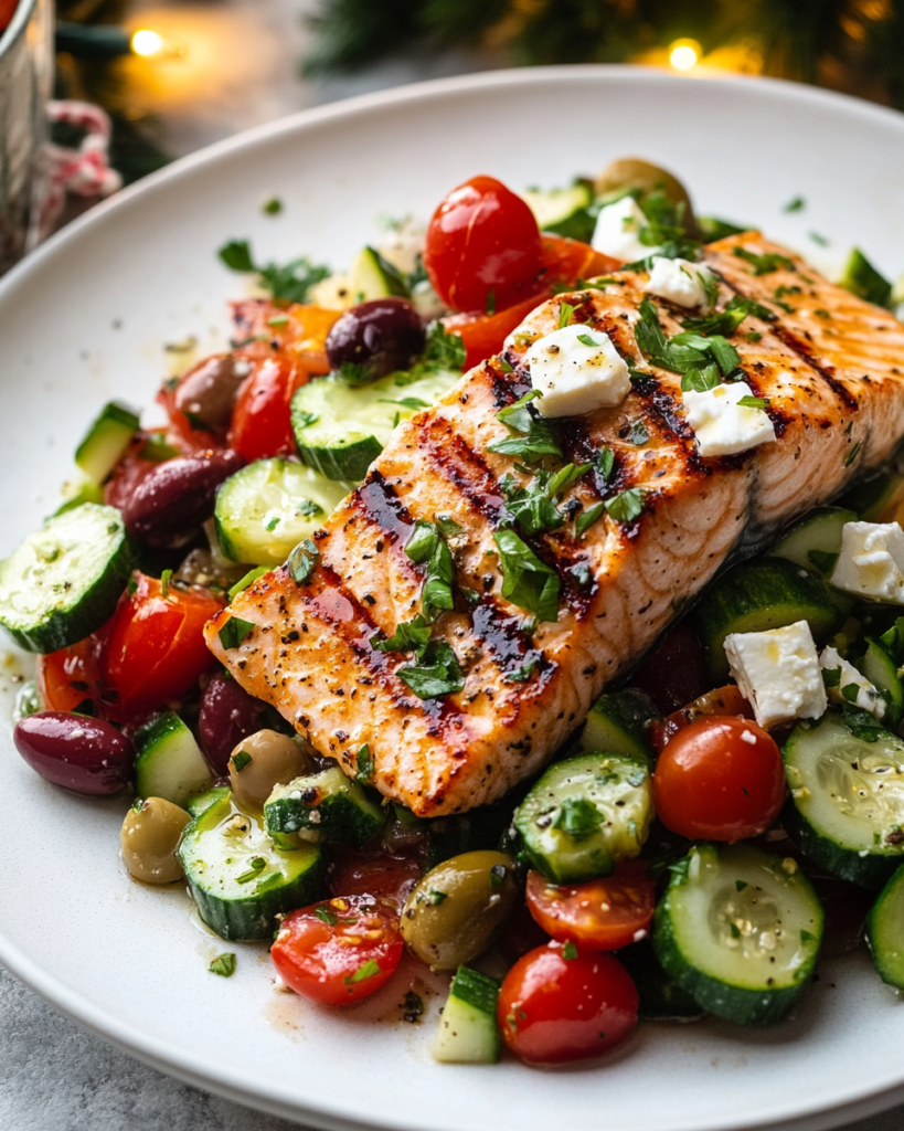 Despre mine 6 Grilling seasoned salmon fillets on an outdoor grill or stovetop grill pan for the Grilled Salmon Zucchini Salad.