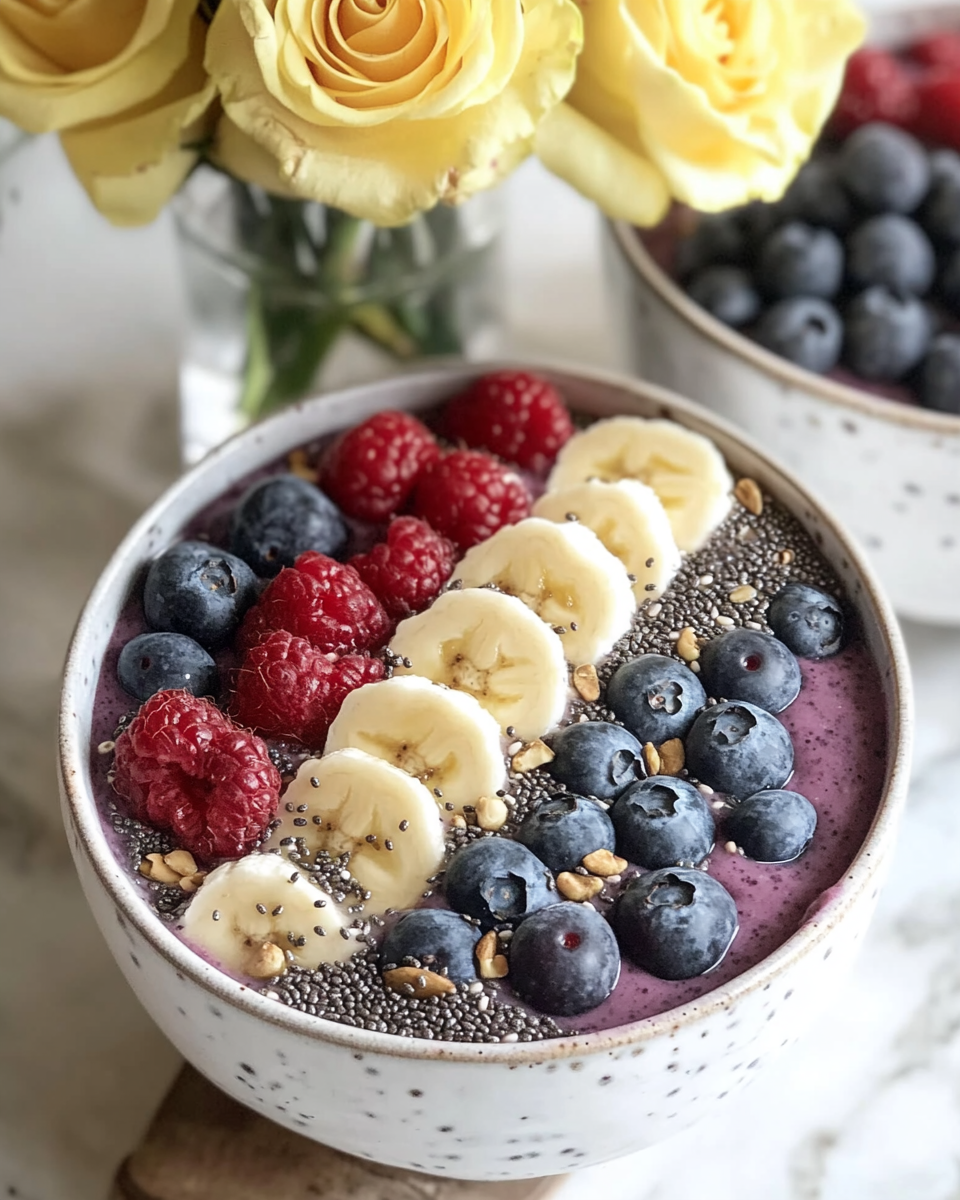Despre mine 4 Pouring the thick purple acai smoothie next to the set chia pudding in a bowl for Acai Chia Pudding Bowls.